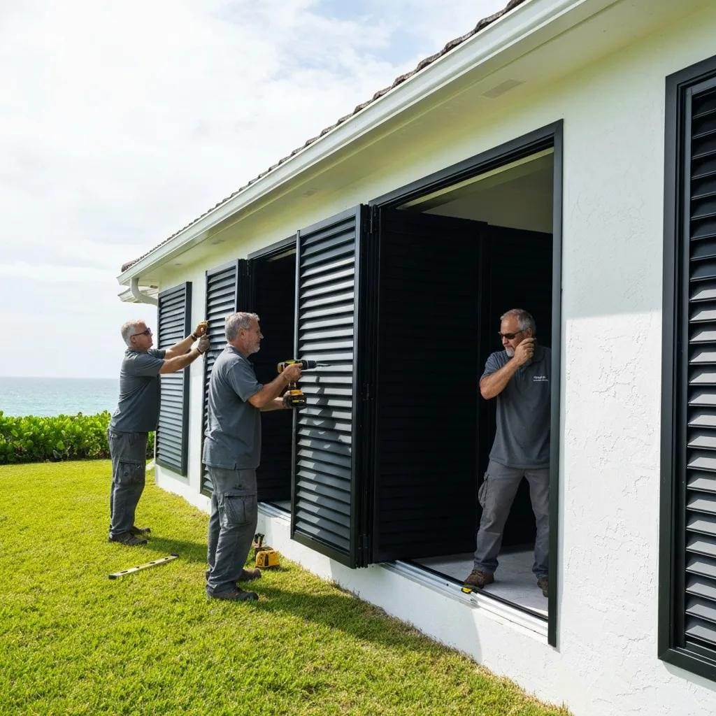 Installers putting up accordion shutters on a coastal house to demonstrate the installation process