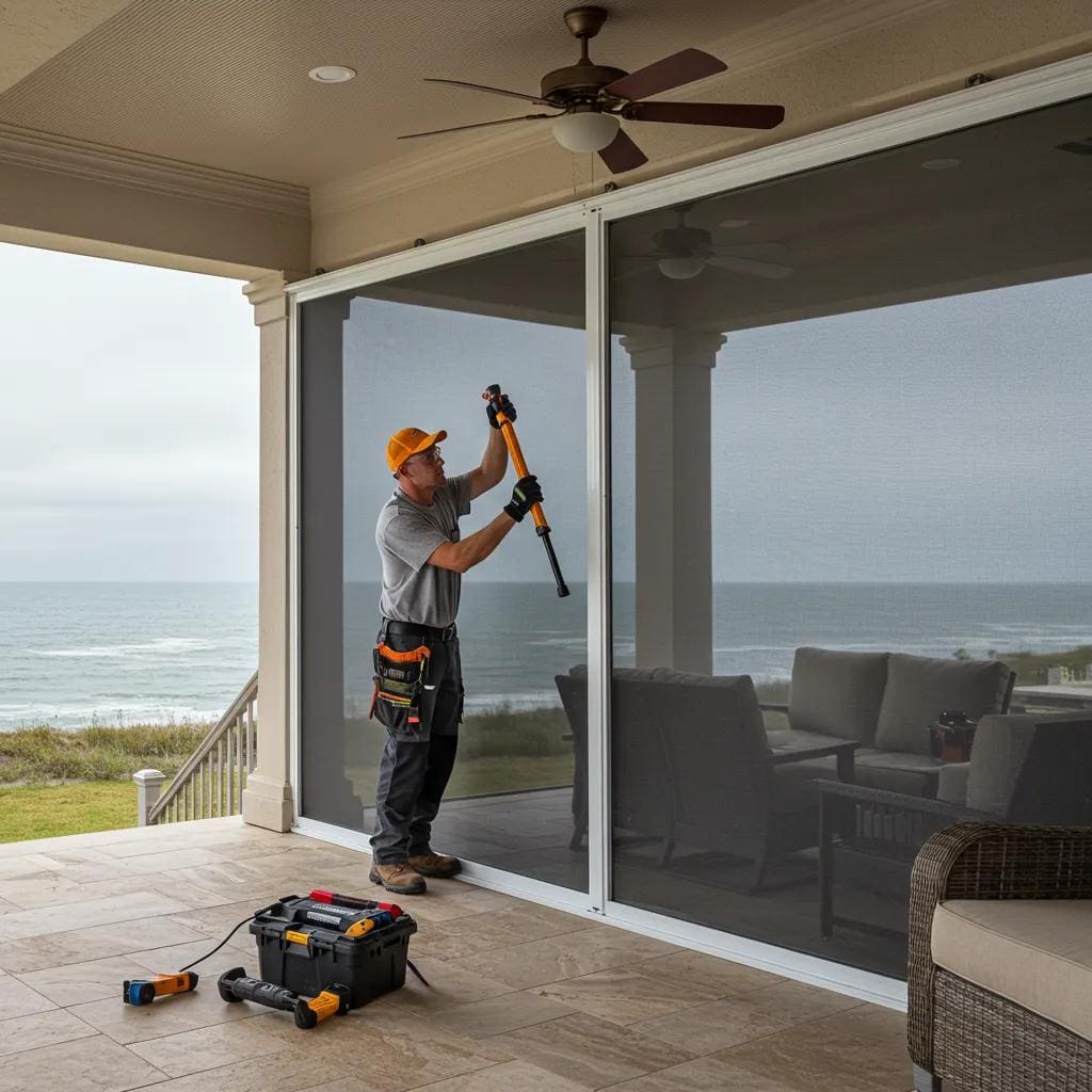 Professional-installing-hurricane-screens-on-a-patio-highlighting-installation-process-and-coastal-setting-065c0808-4d99-43cc-8c99-fd7765156ec6webp - american hurricane shutters Professional installing hurricane screens on a patio, highlighting installation process and coastal setting