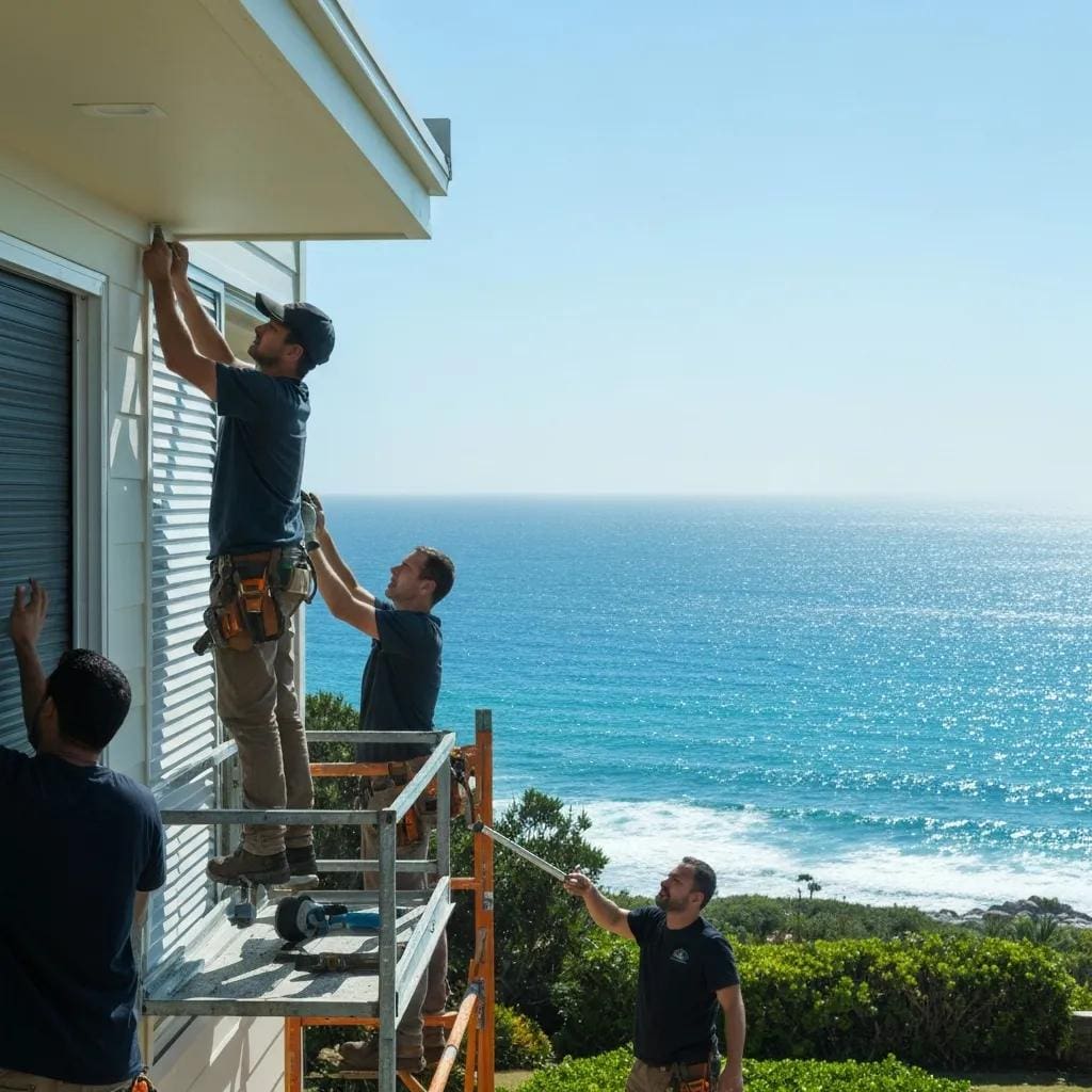 Installation crew fitting accordion shutters on a coastal house