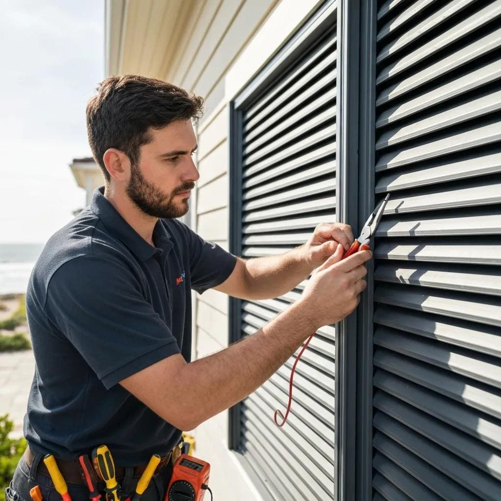 Technician inspecting accordion shutters during a professional maintenance visit