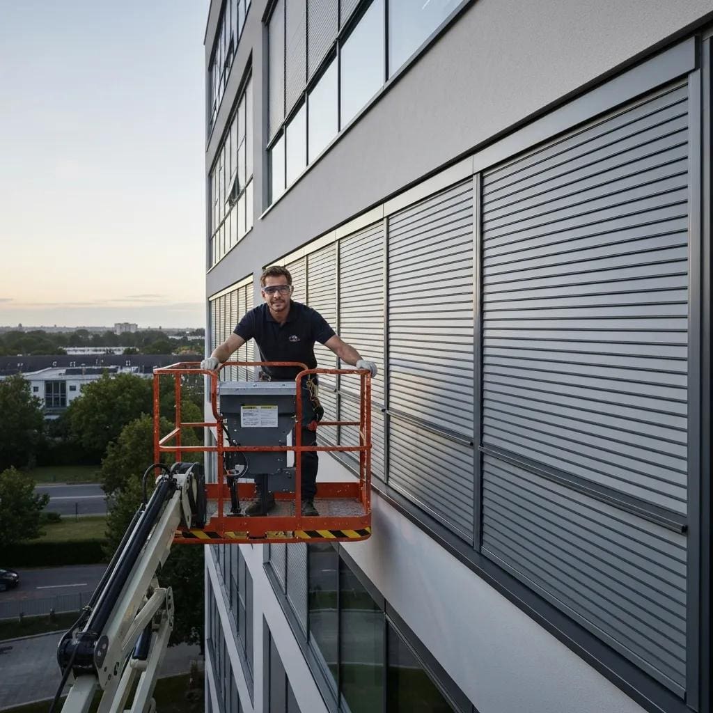 Certified technician installing accordion shutters on a multi-story building