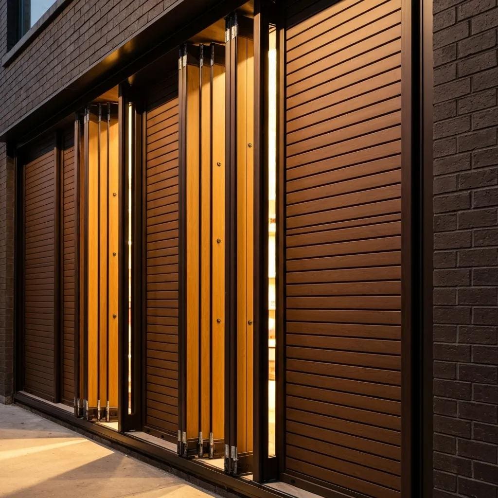 Retail storefront protected by accordion shutters to prevent vandalism and unauthorized entry