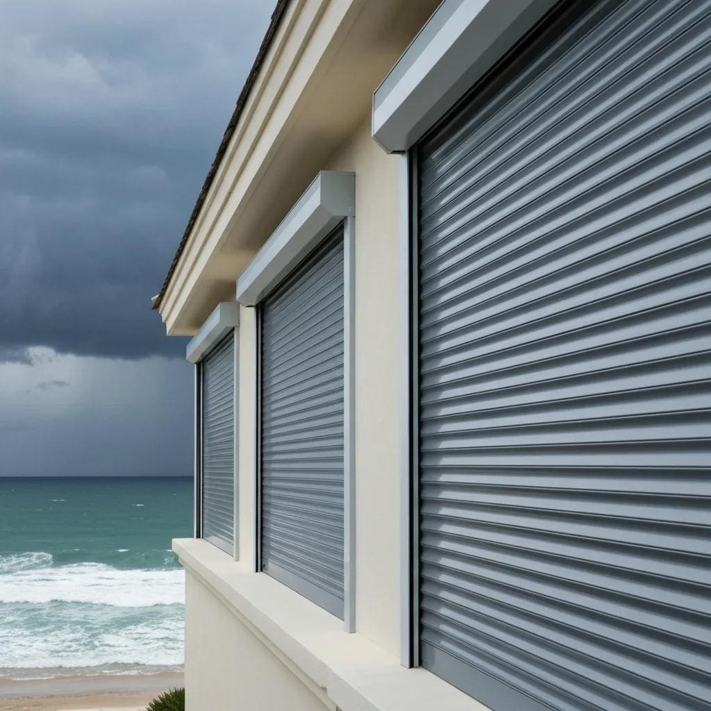 Roll down hurricane shutters on a coastal home against a stormy backdrop, highlighting their protective features