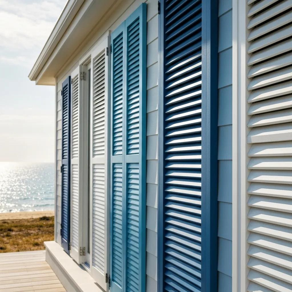 Roll-down hurricane shutters on a coastal home, highlighting energy efficiency and storm protection