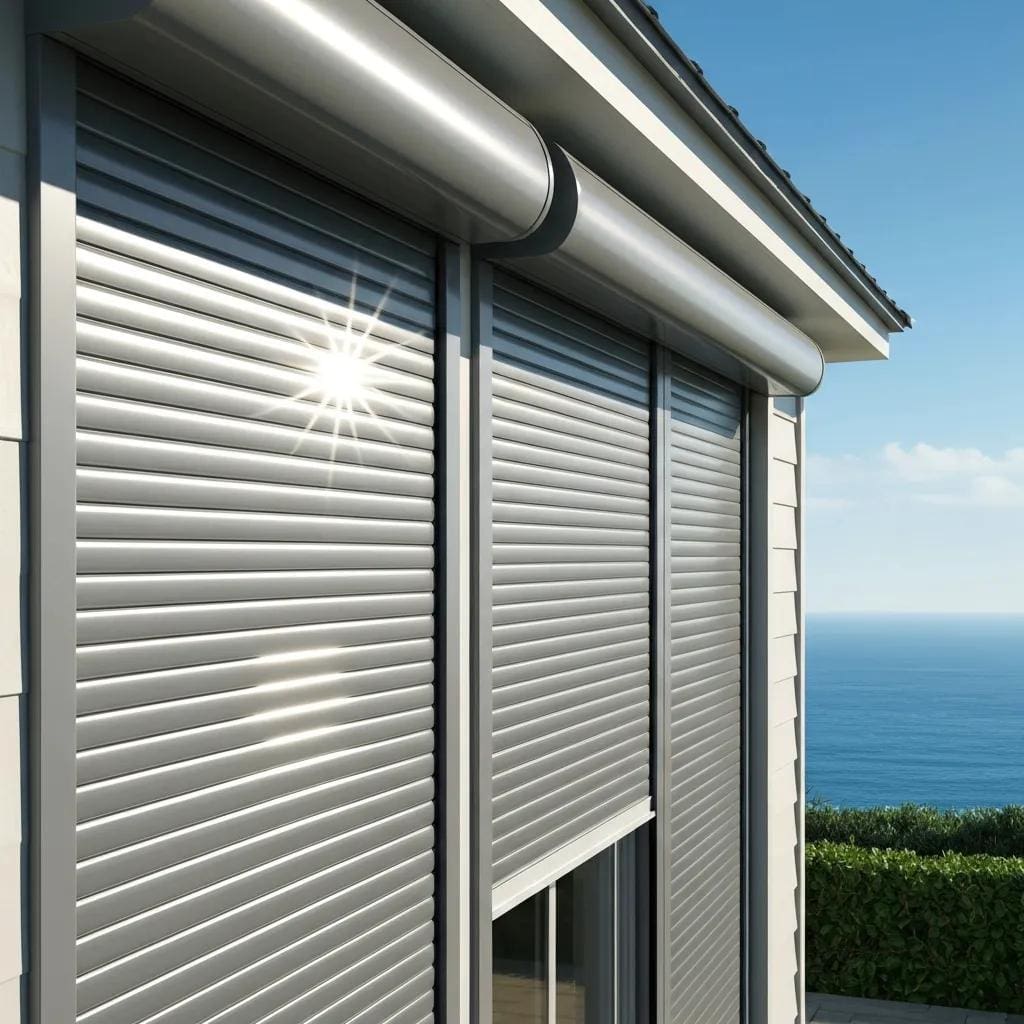 Roll down hurricane shutters on a coastal home, illustrating insulation benefits against heat and noise