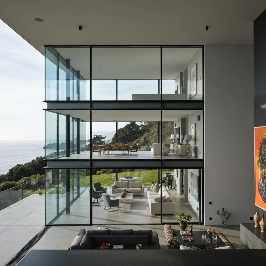 Roll-down hurricane shutters on a coastal home, illustrating storm protection and design