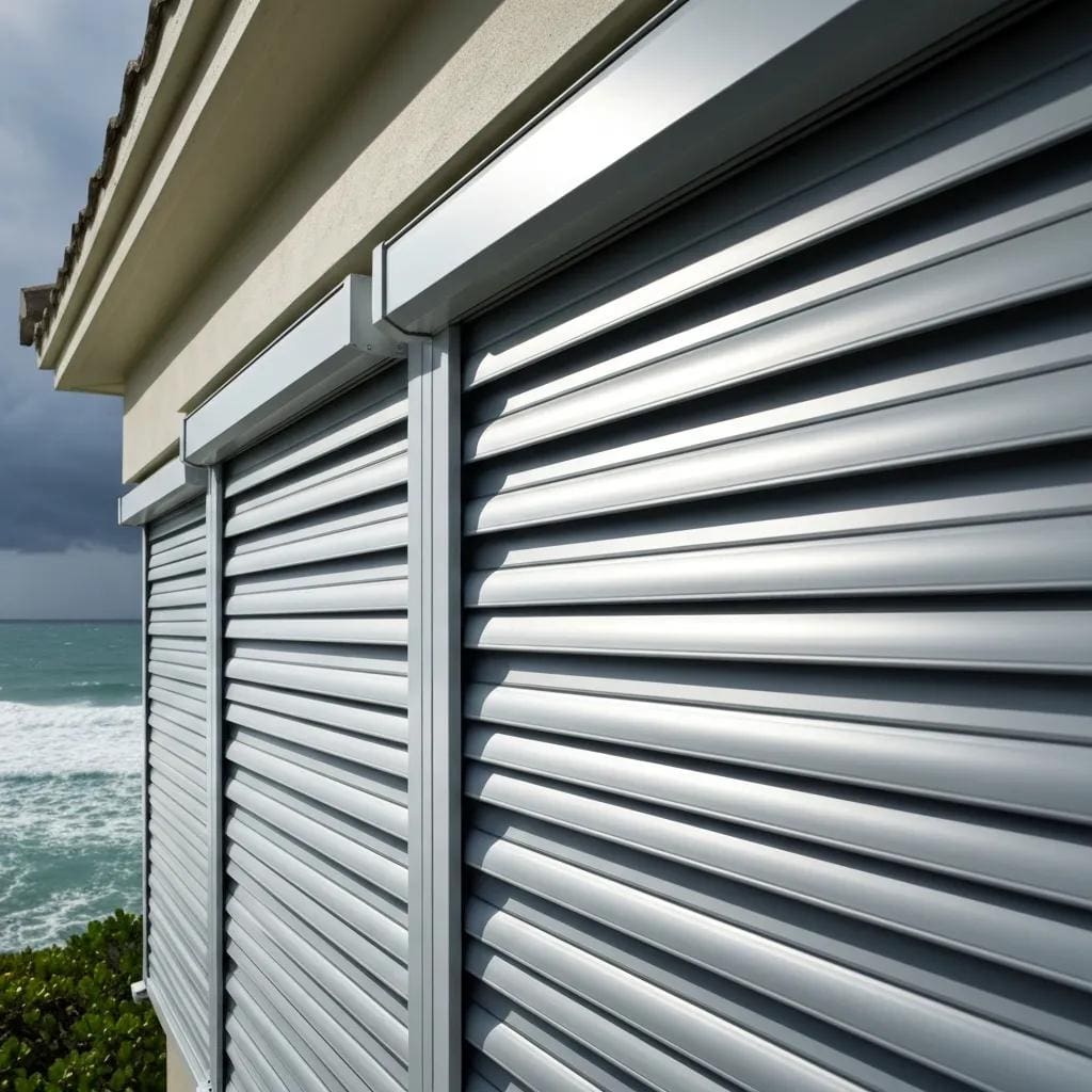 Roll down hurricane shutters on a coastal home, illustrating storm protection and energy efficiency
