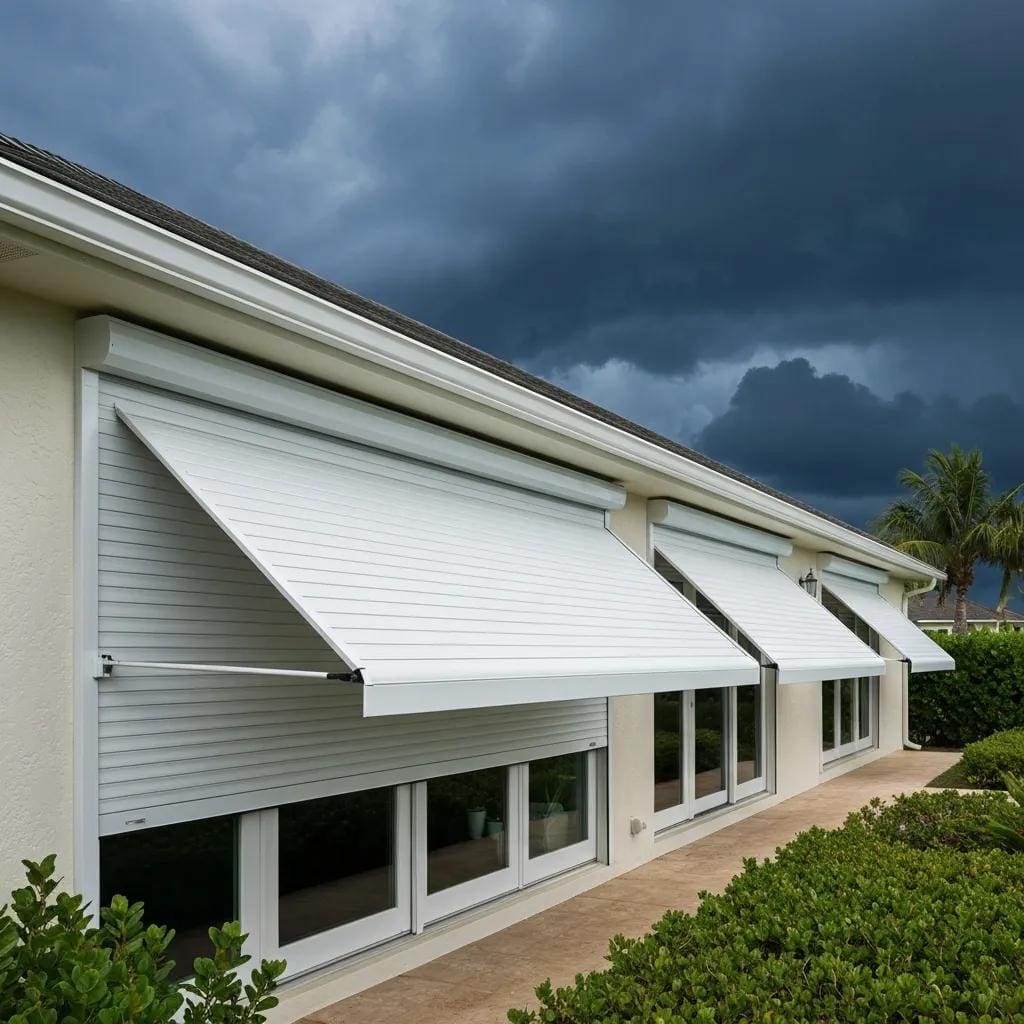 Roll down hurricane shutters on a coastal home, illustrating storm protection features