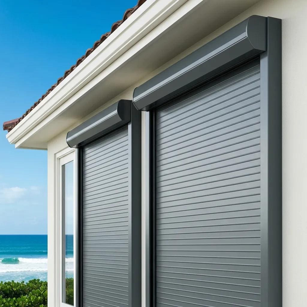 Roll down hurricane shutters on a coastal home, showcasing storm protection and modern design