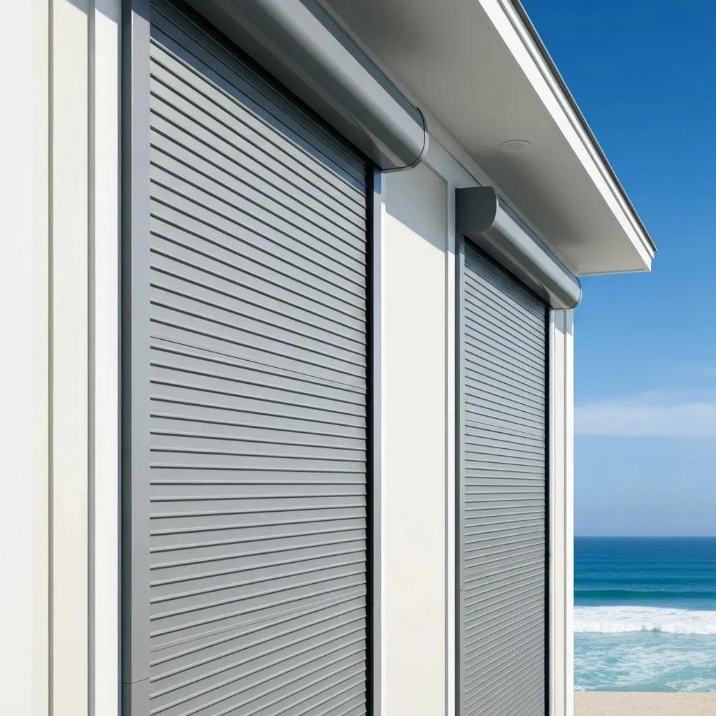 Roll down hurricane shutters on a coastal home, showcasing storm protection features
