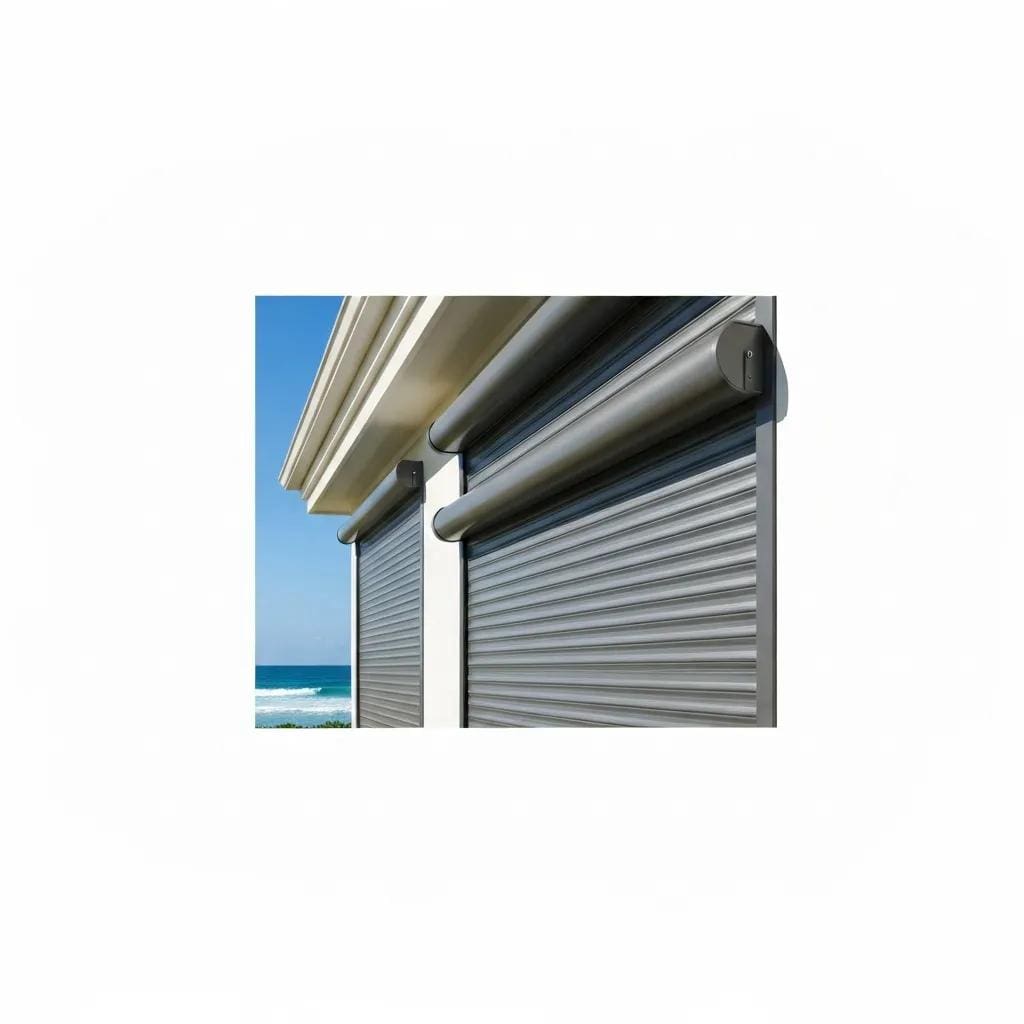 Roll down hurricane shutters on a coastal home, showcasing storm protection features
