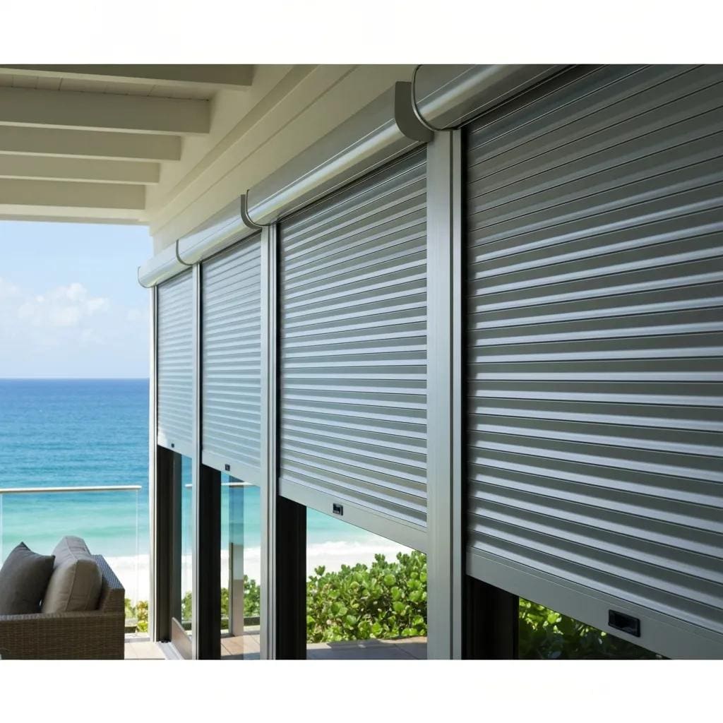 Roll down hurricane shutters on a coastal home with an ocean view, highlighting protection and design