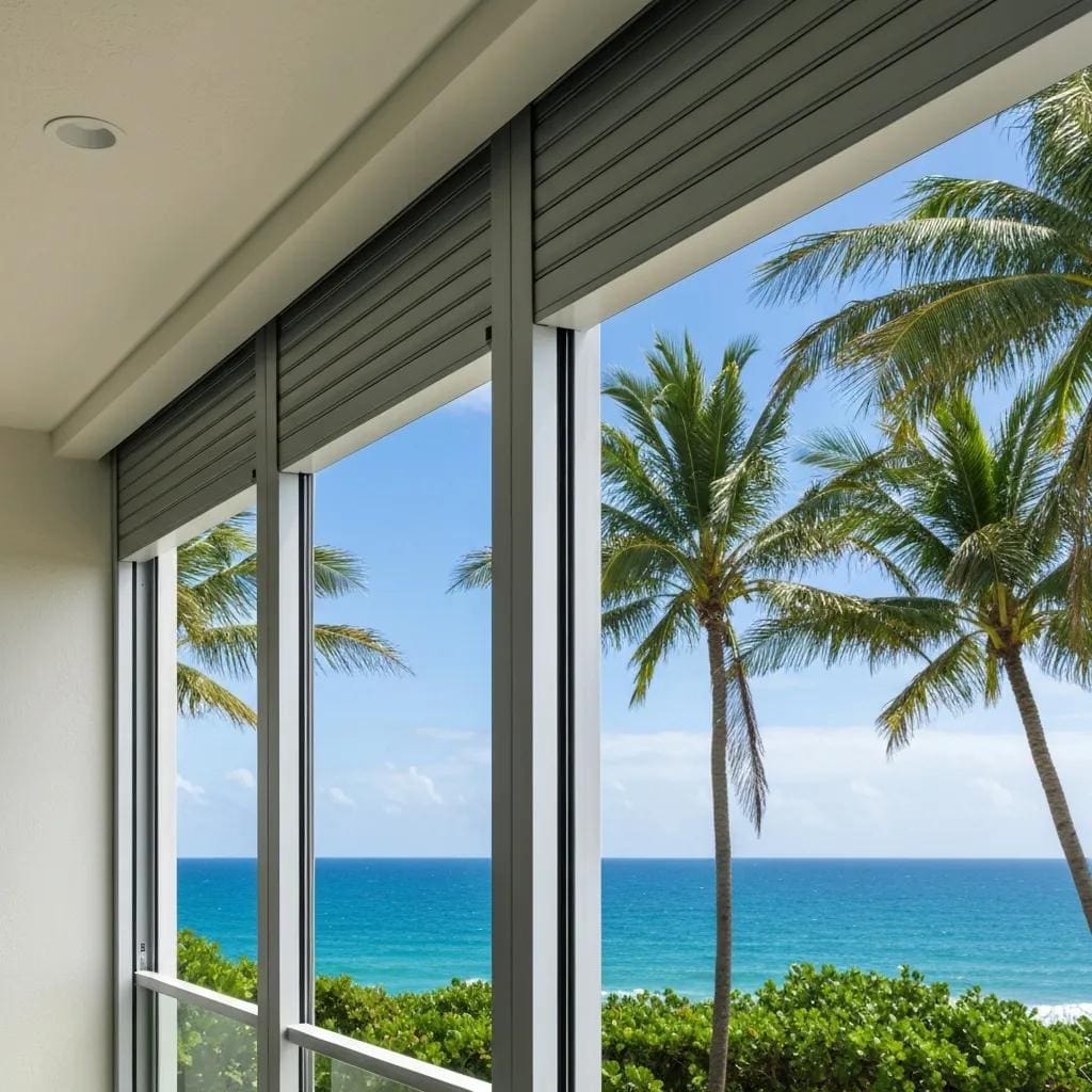 Roll down hurricane shutters on a coastal home with ocean view, highlighting their design and functionality