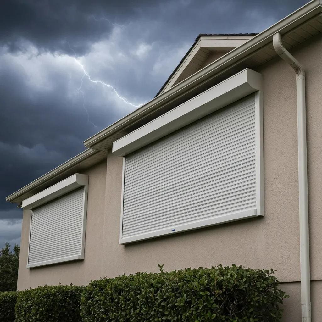 Roll down hurricane shutters on a house under a stormy sky, highlighting storm protection features