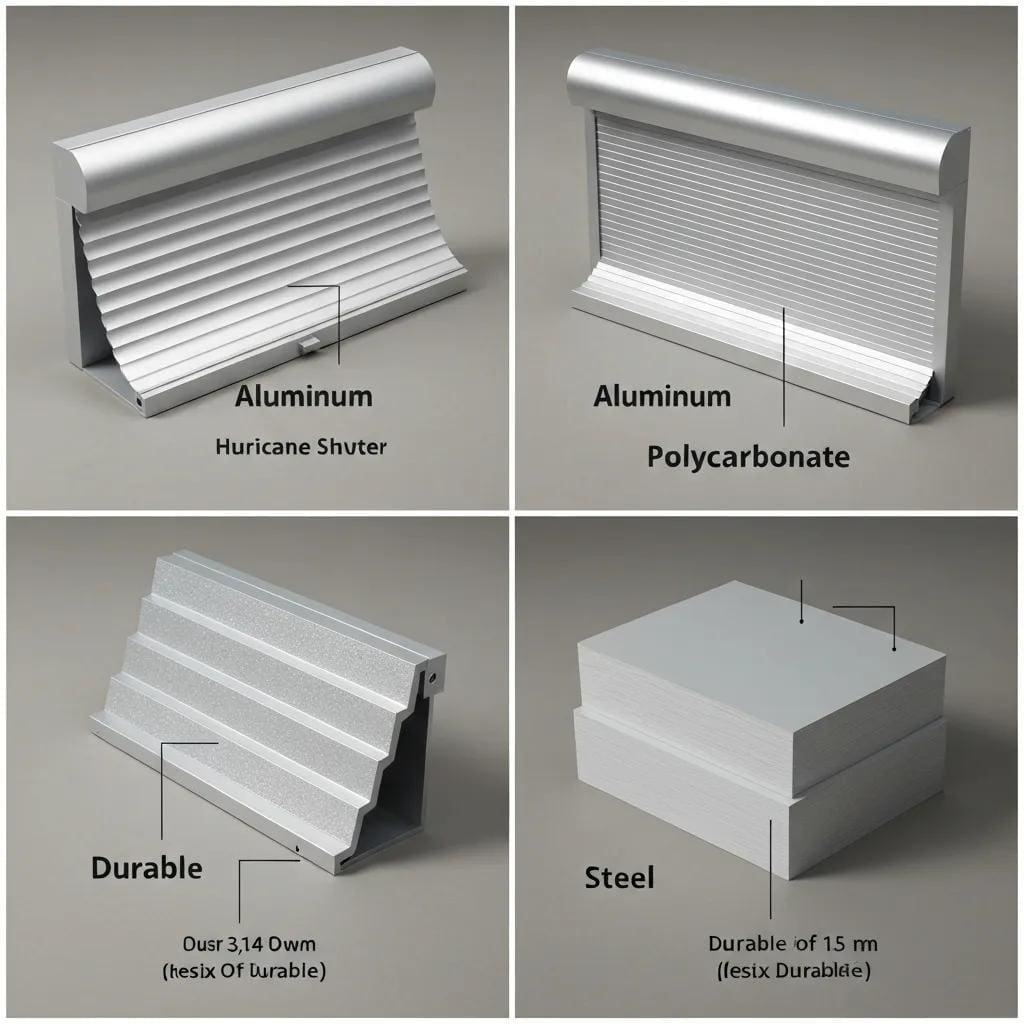 Aluminum, polycarbonate, and steel shutter slat samples displayed for comparison