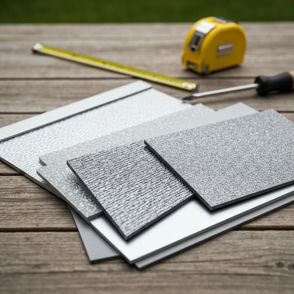 Samples of aluminum, polycarbonate, and steel used for roll‑down hurricane shutters showing material differences