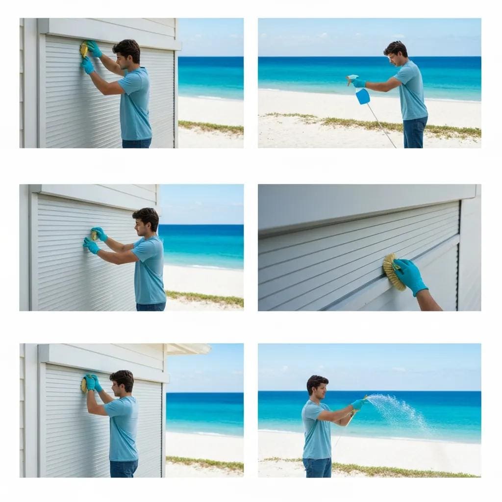 Step‑by‑step cleaning process for roll‑down shutters — prepare, wash, dry, lubricate and test