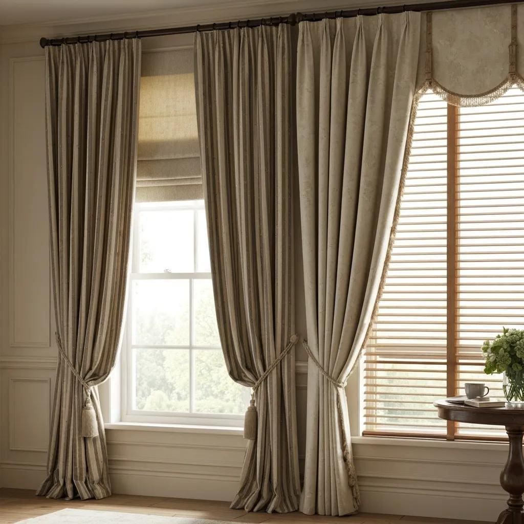 Bright coastal interior with layered window treatments showing fabric, texture and light control
