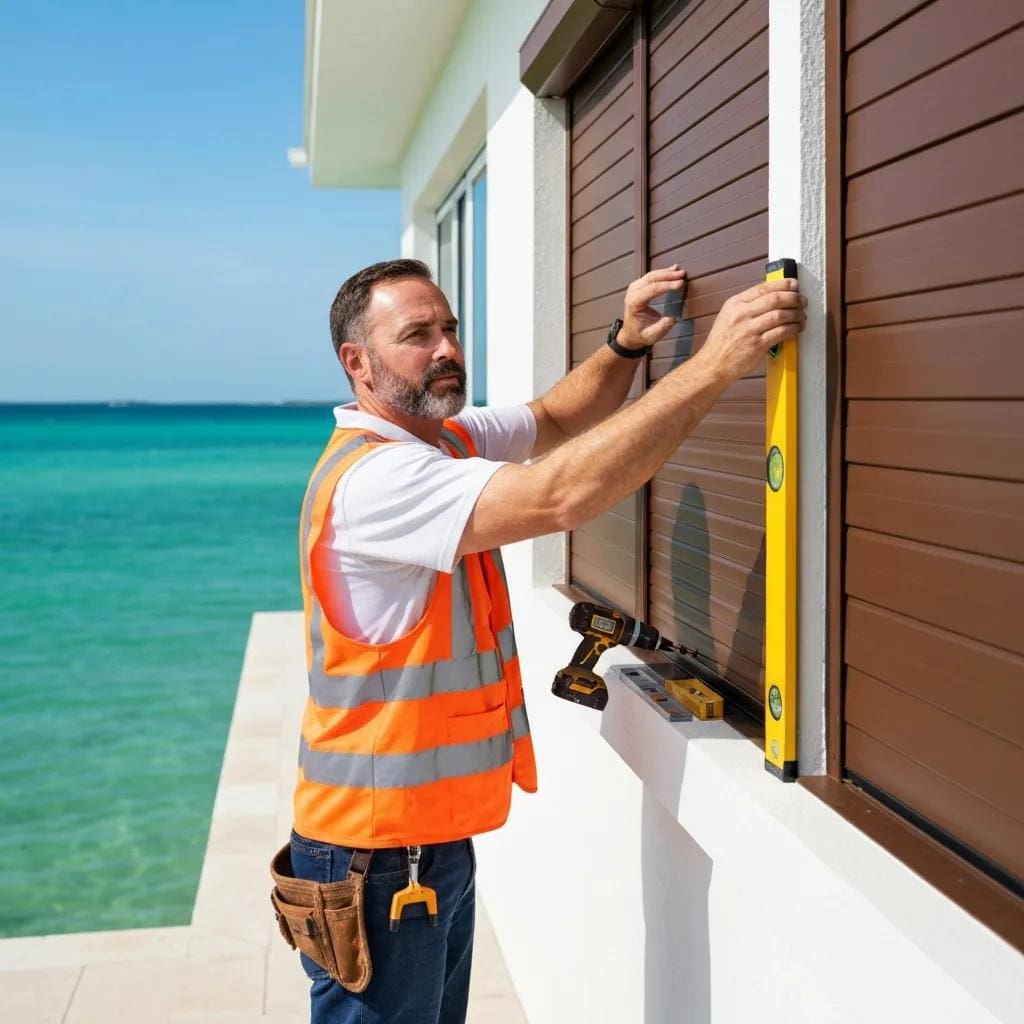 Installer fitting a roll-down shutter, following best practices for anchors and code compliance