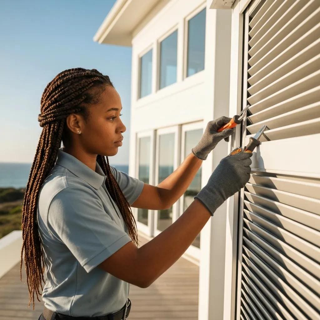Technician-performing-maintenance-on-accordion-shutters-to-ensure-longevity-cf2ff80a-15c1-4fdc-bf7a-46a9e6876576webp - american hurricane shutters Technician performing maintenance on accordion shutters to ensure long-term reliability