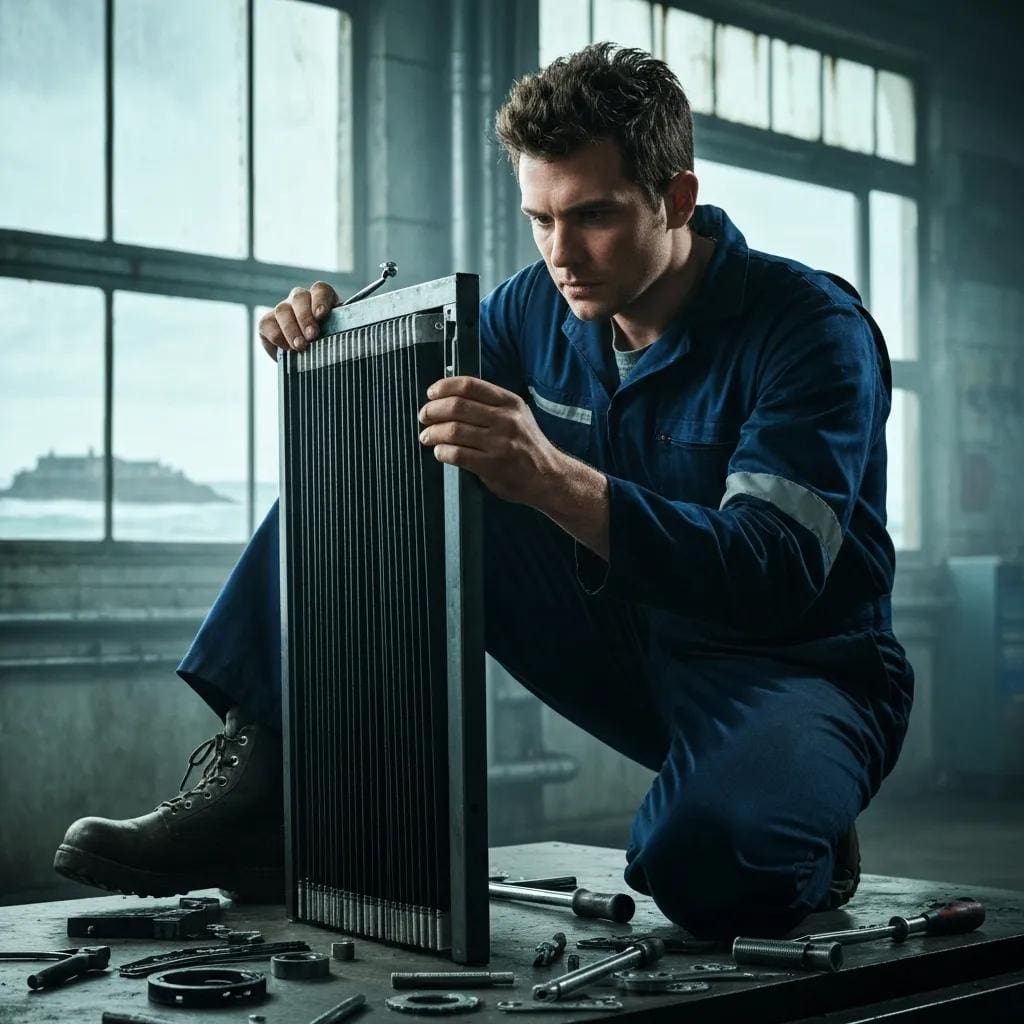 Technician-repairing-accordion-shutters-illustrating-maintenance-costs-and-repair-processes-0a6d6d2f-1963-4075-a3df-39af391d95ecwebp - american hurricane shutters Technician repairing accordion shutters — outlining maintenance and repair work