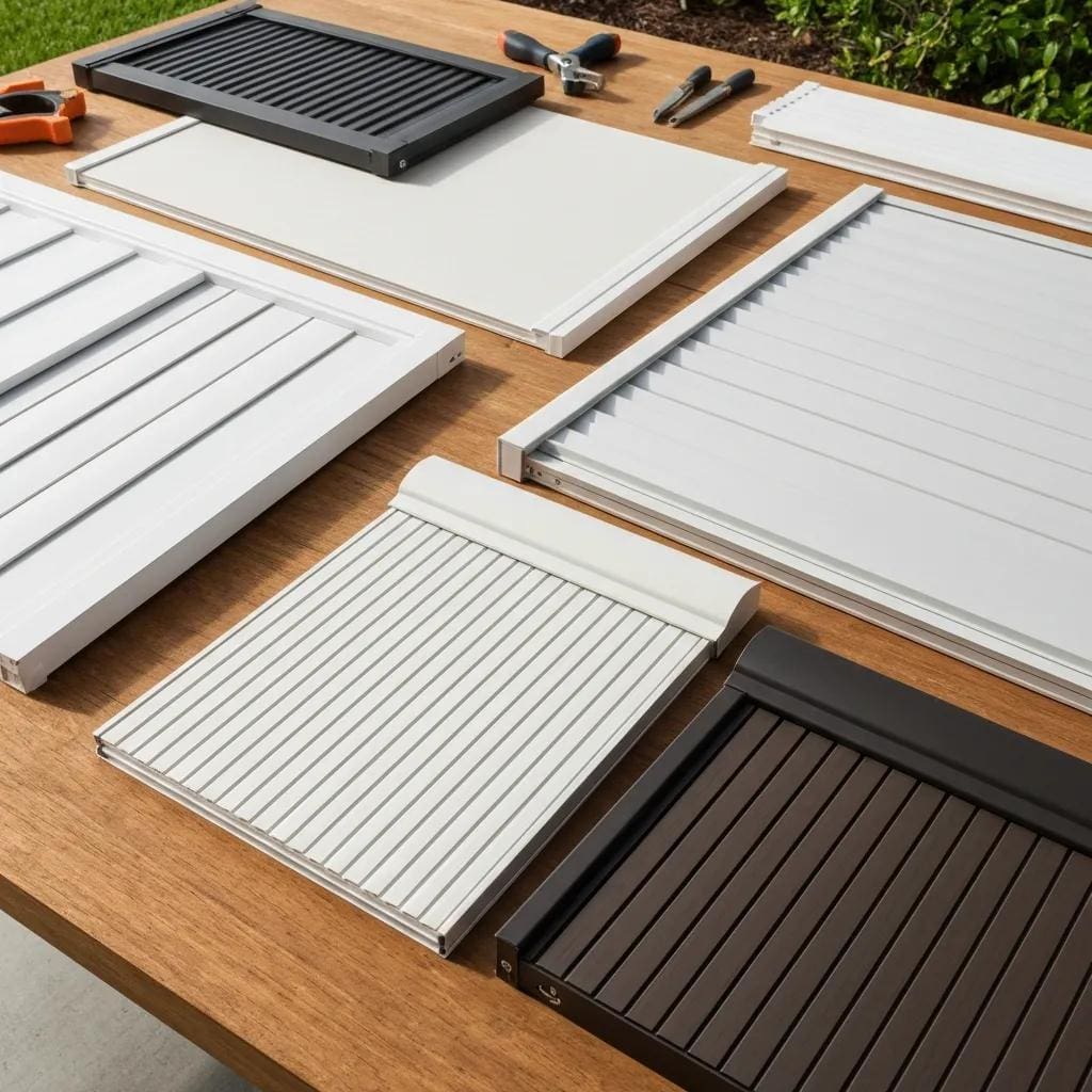 Several hurricane shutter styles arranged to show material and installation differences