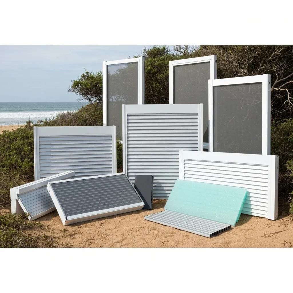 Various storm shutter materials including aluminum, polycarbonate, and fabric displayed in a coastal setting